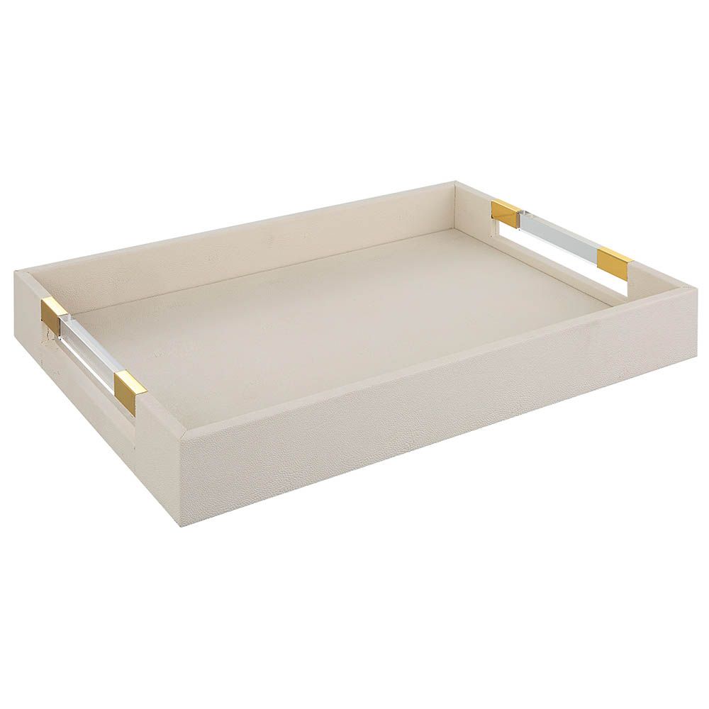 A sophisticated faux shagreen tray with beautiful brass details