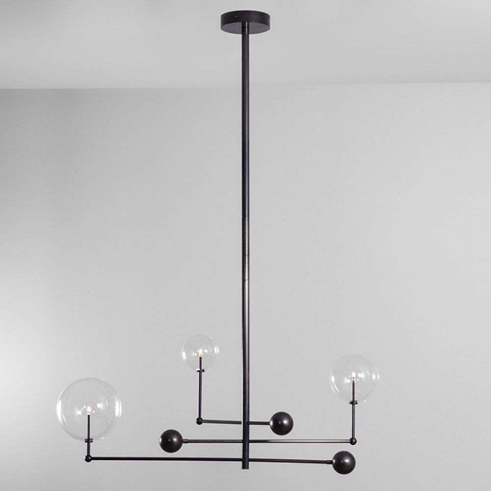 Black gunmetal finish chandelier with rotational arm fixture and clear glass globe design