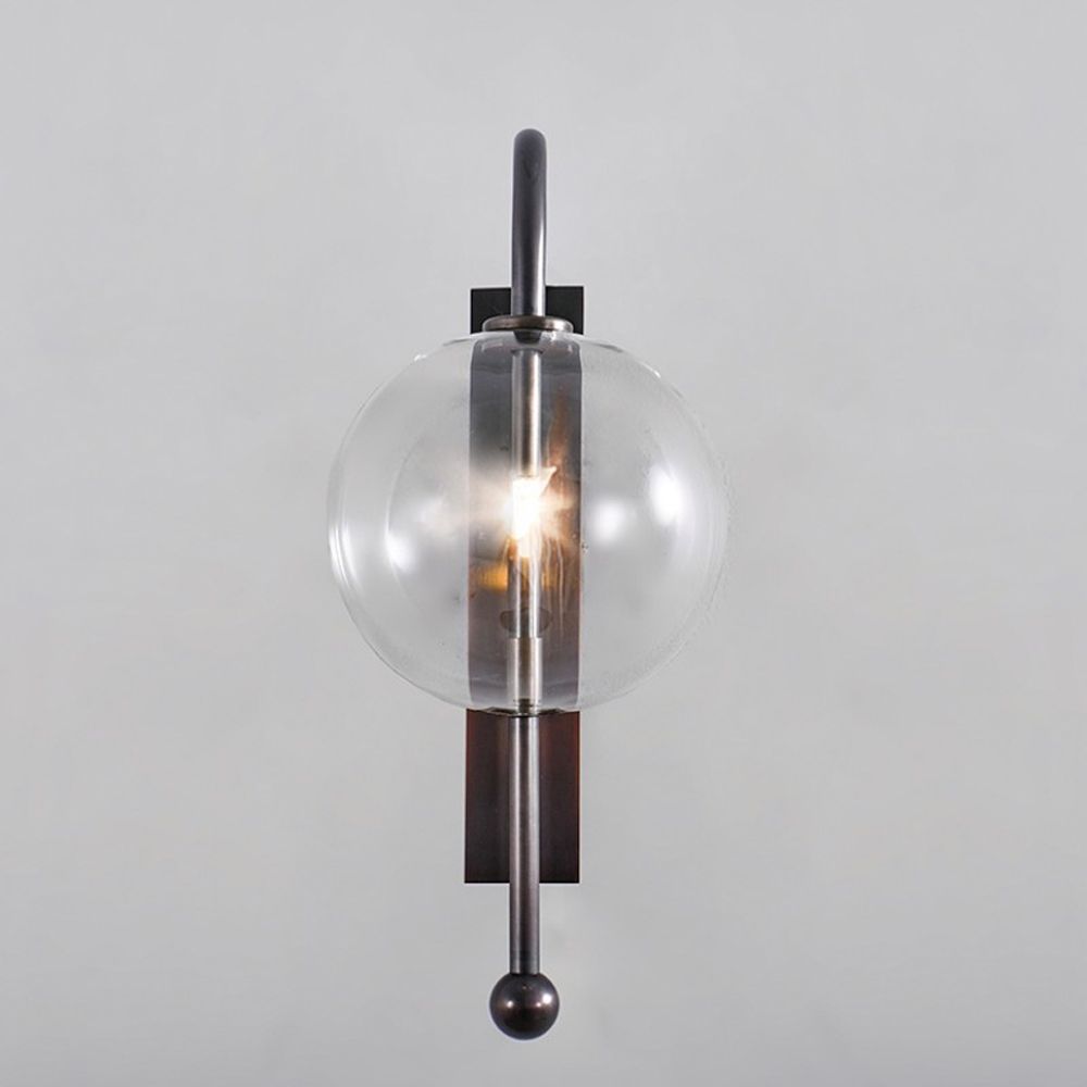 Black gunmetal brass modern industrial wall lamp with large clear glass globe