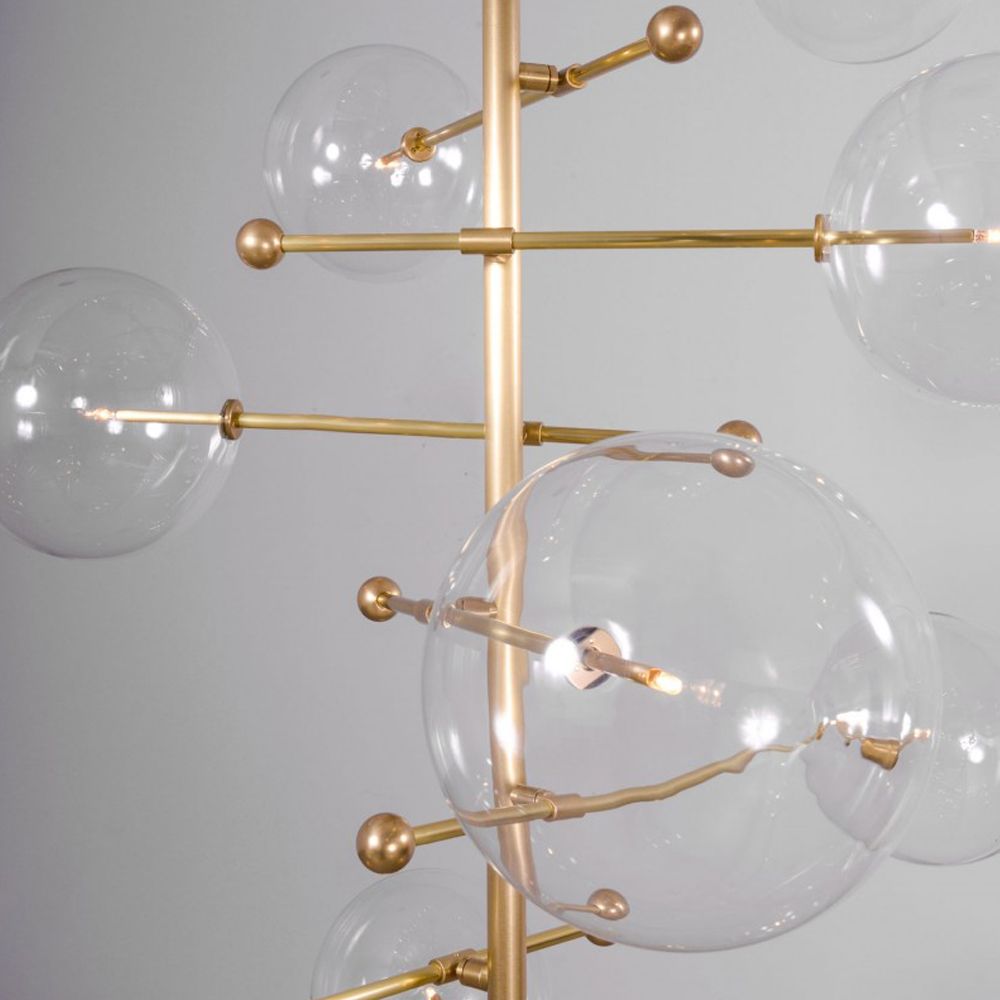Natural brass finish industrial ceiling lamp with 8 arm fixture and 8 clear glass globes