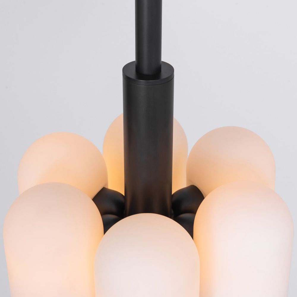 Contemporary black gunmetal solid brass pendant ceiling light with six translucent glass lampshade design