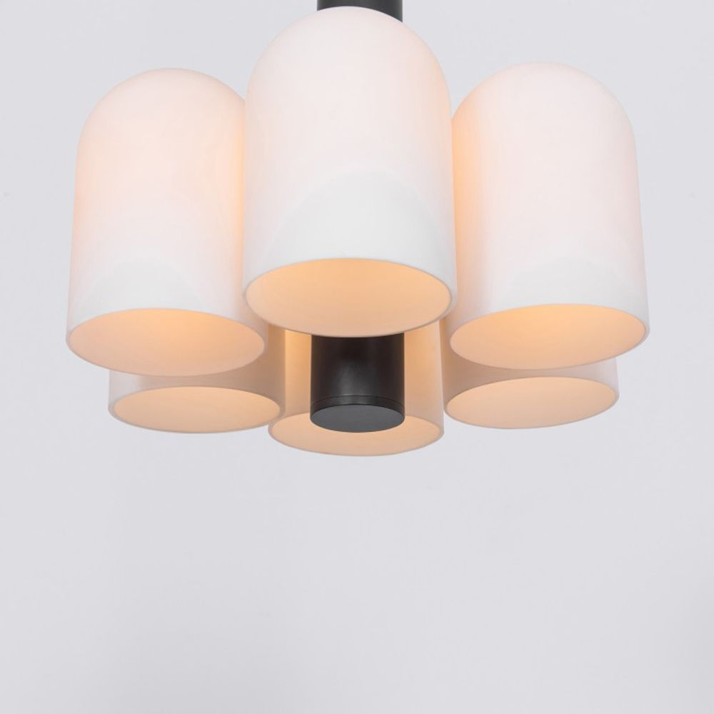 Contemporary black gunmetal solid brass pendant ceiling light with six translucent glass lampshade design