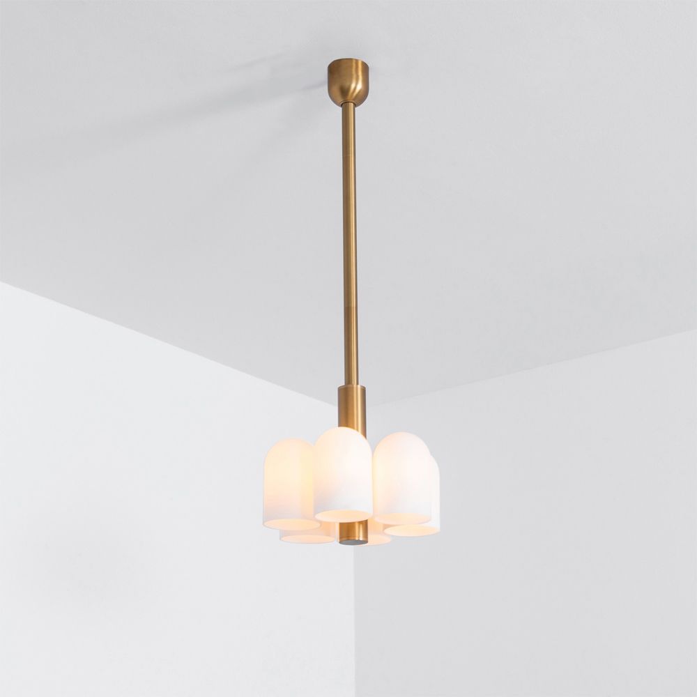 Contemporary natural brass pendant ceiling light with six translucent glass lampshade design