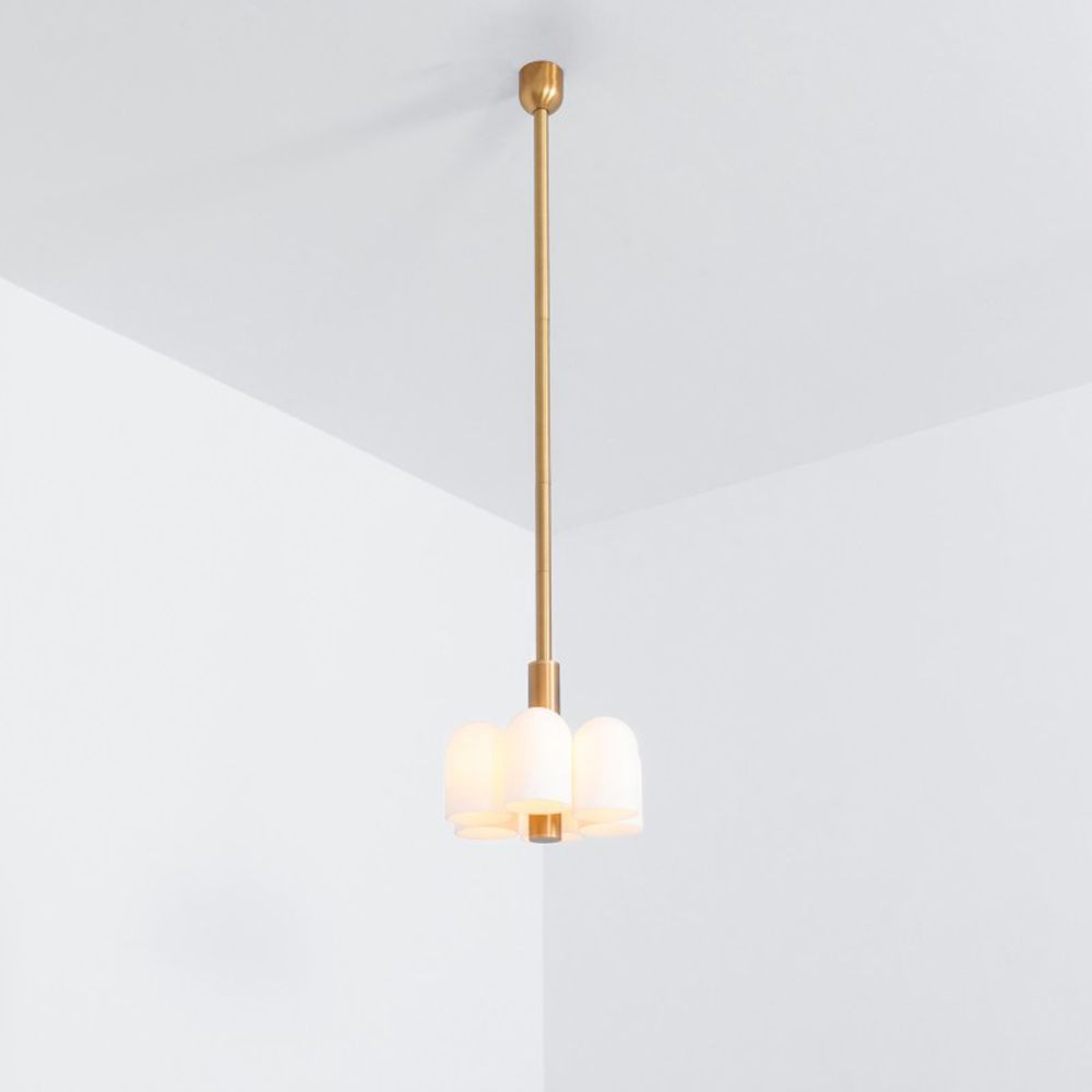 Contemporary natural brass pendant ceiling light with six translucent glass lampshade design