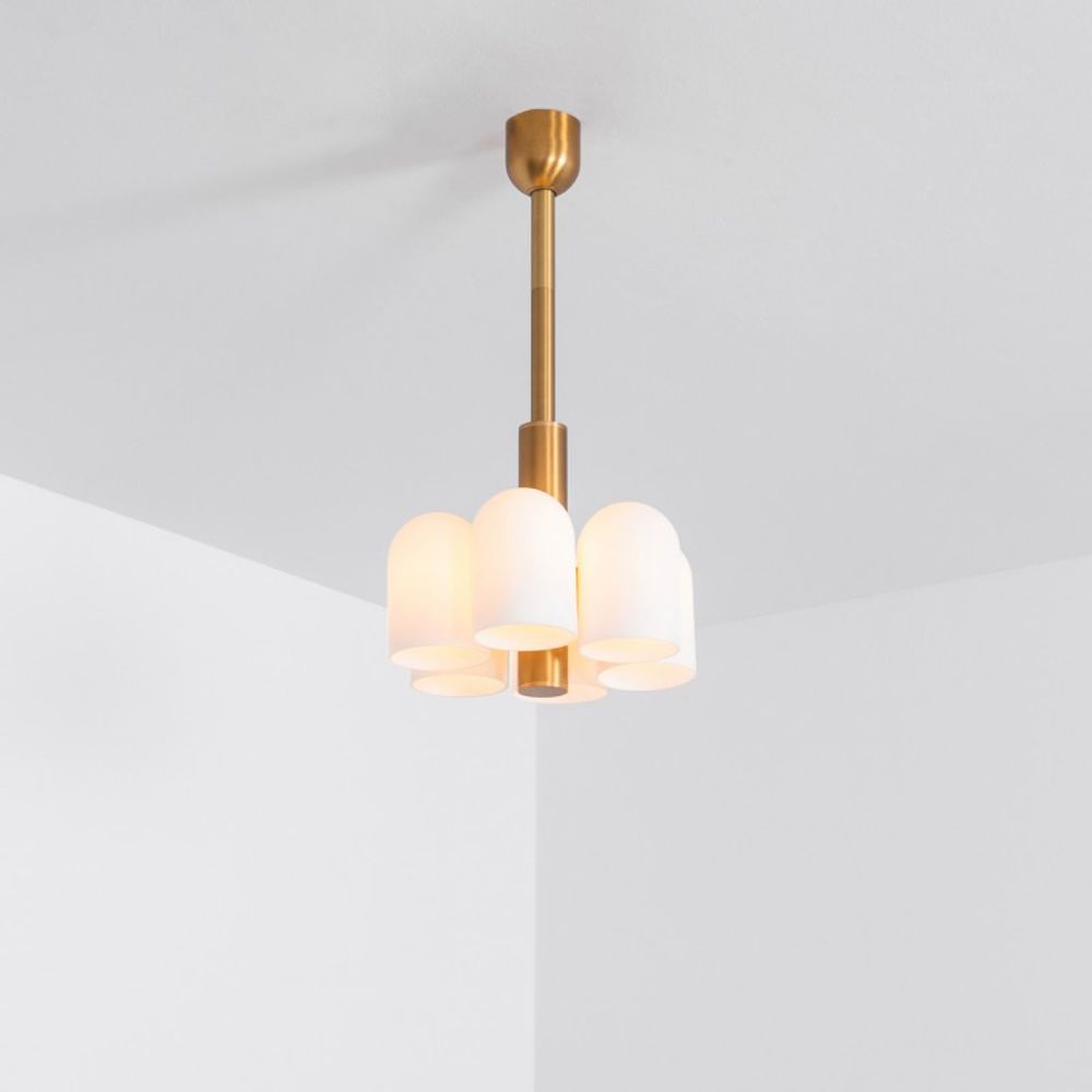 Contemporary natural brass pendant ceiling light with six translucent glass lampshade design