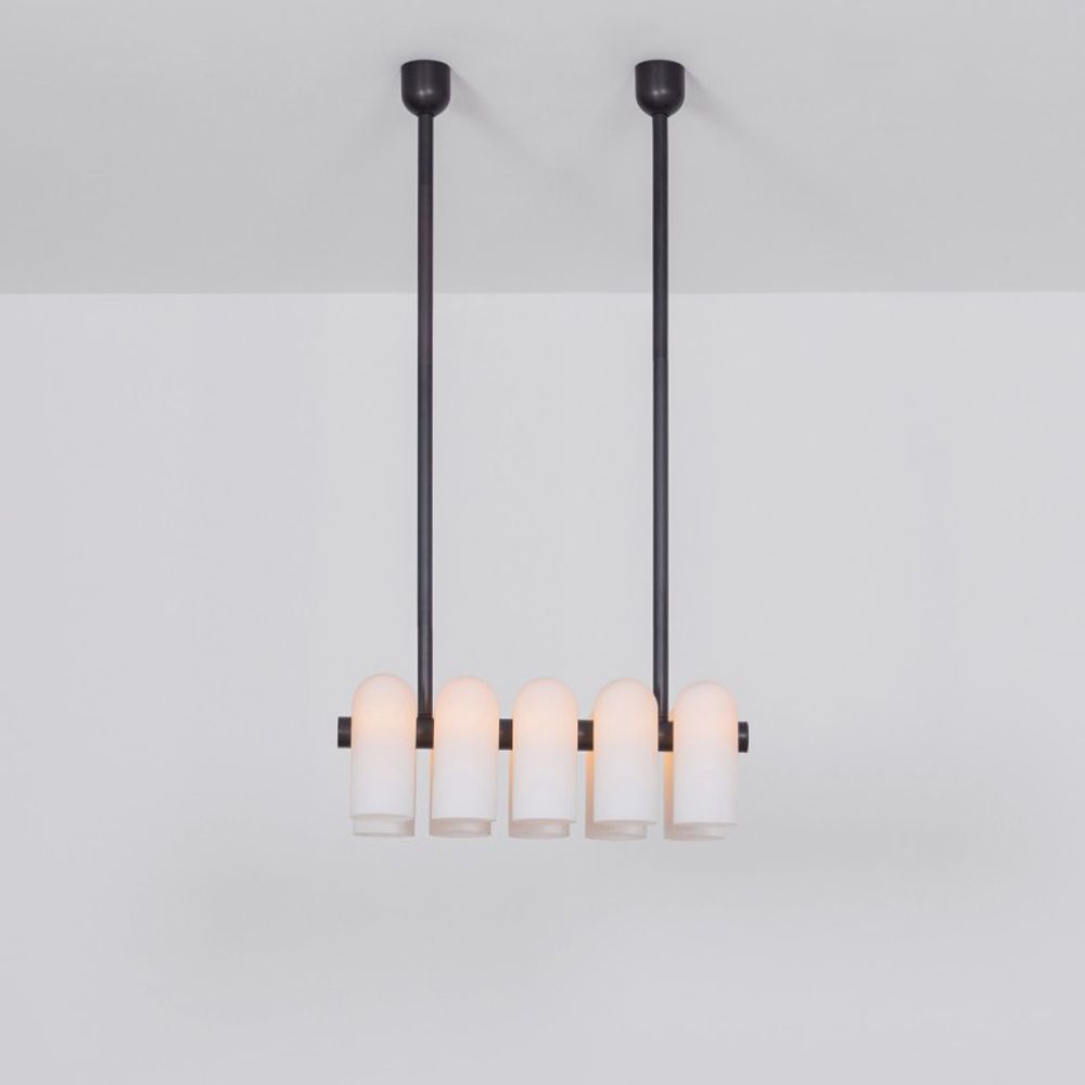 Black gunmetal finish solid brass chandelier with a parallel row of translucent glass shades