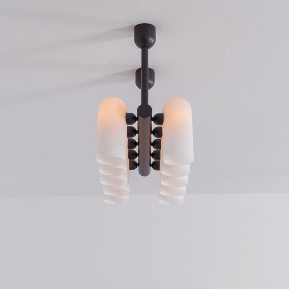 Black gunmetal finish solid brass chandelier with a parallel row of translucent glass shades