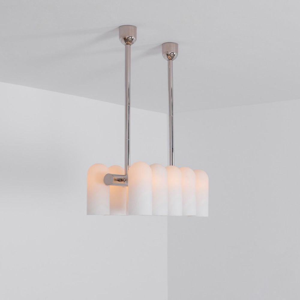 Contemporary polished nickel finish solid brass chandelier with a colonnade of translucent glass lampshades