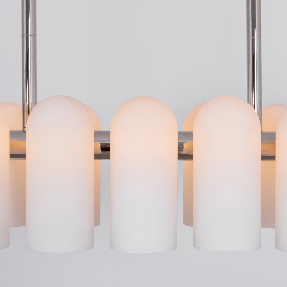 Contemporary polished nickel finish solid brass chandelier with a colonnade of translucent glass lampshades