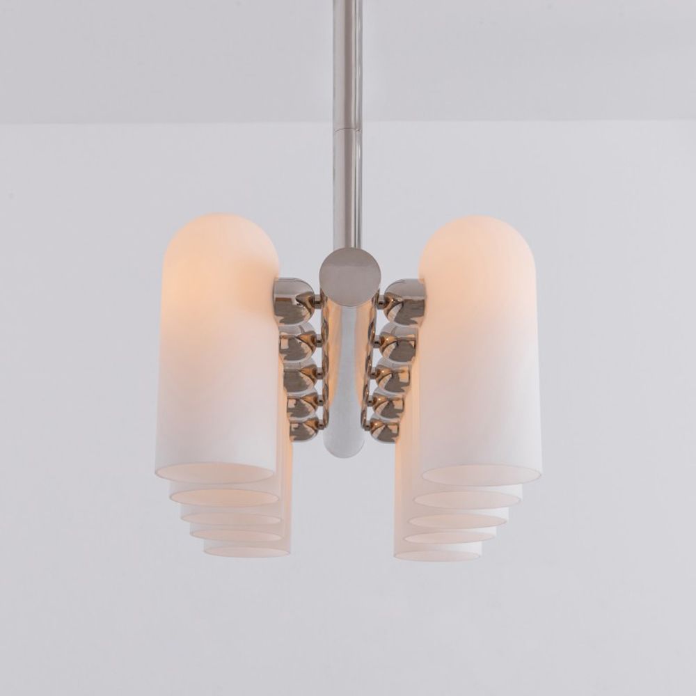 Contemporary polished nickel finish solid brass chandelier with a colonnade of translucent glass lampshades