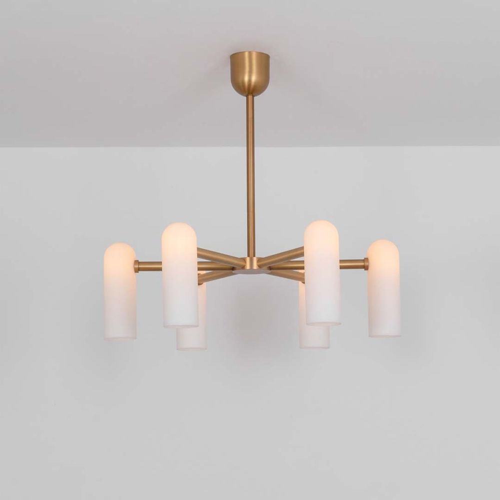 Glamorous retro chandelier with frosted glass lampshades and a solid, natural brass frame