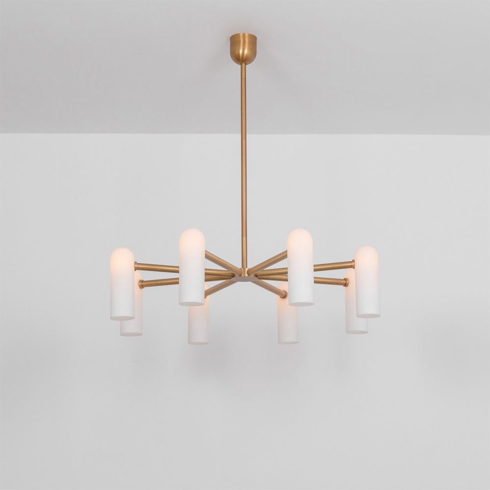 Glamorous retro chandelier with frosted glass lampshades and a solid, natural brass frame