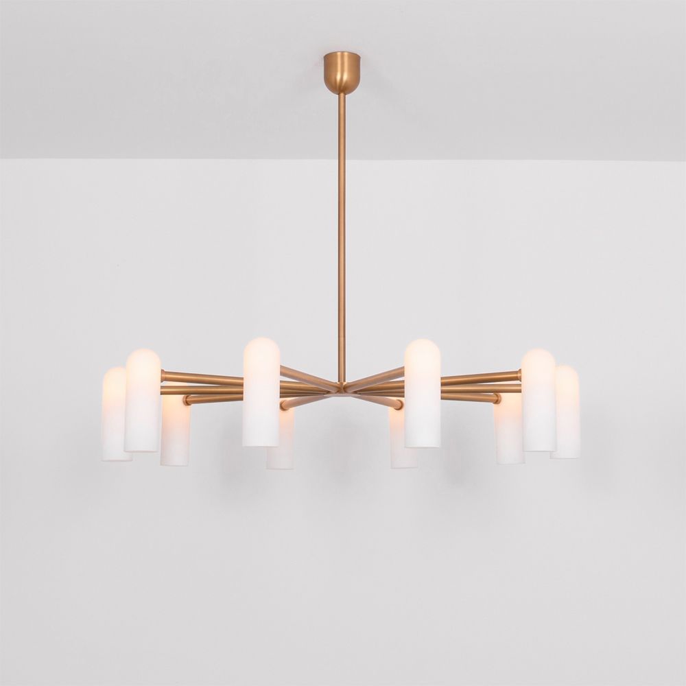 Glamorous retro chandelier with frosted glass lampshades and a solid, natural brass frame