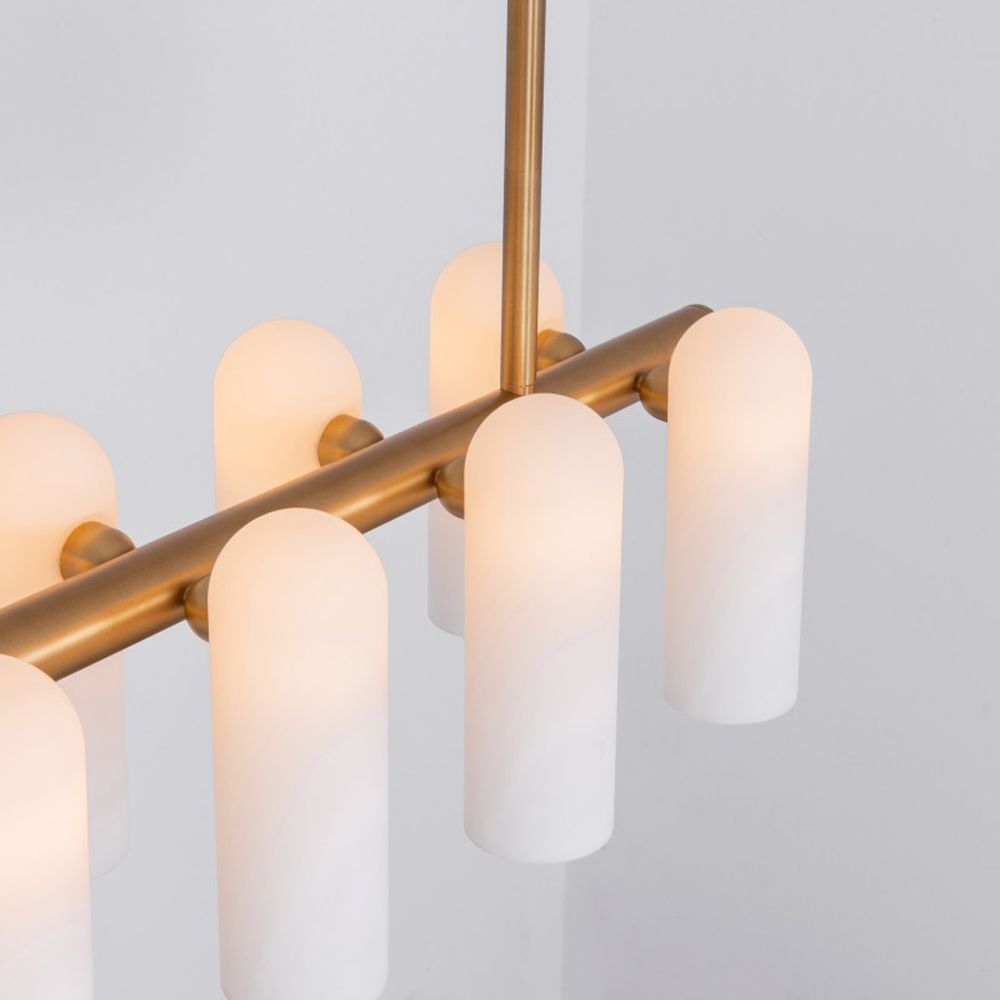 Contemporary natural brass finish chandelier with a colonnade of translucent glass lampshades