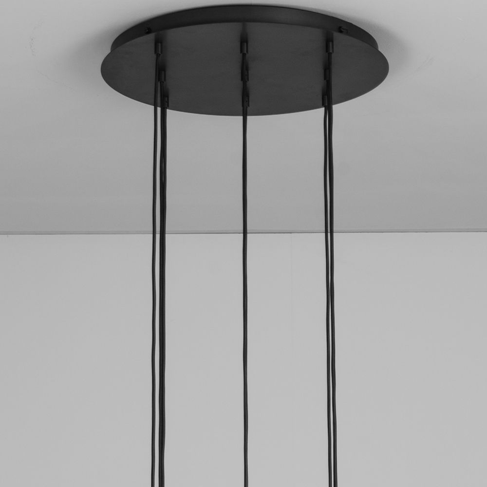 A luxury chandelier by Schwung with 9 frosted, opal glass shades and an industrial black gunmetal finish 