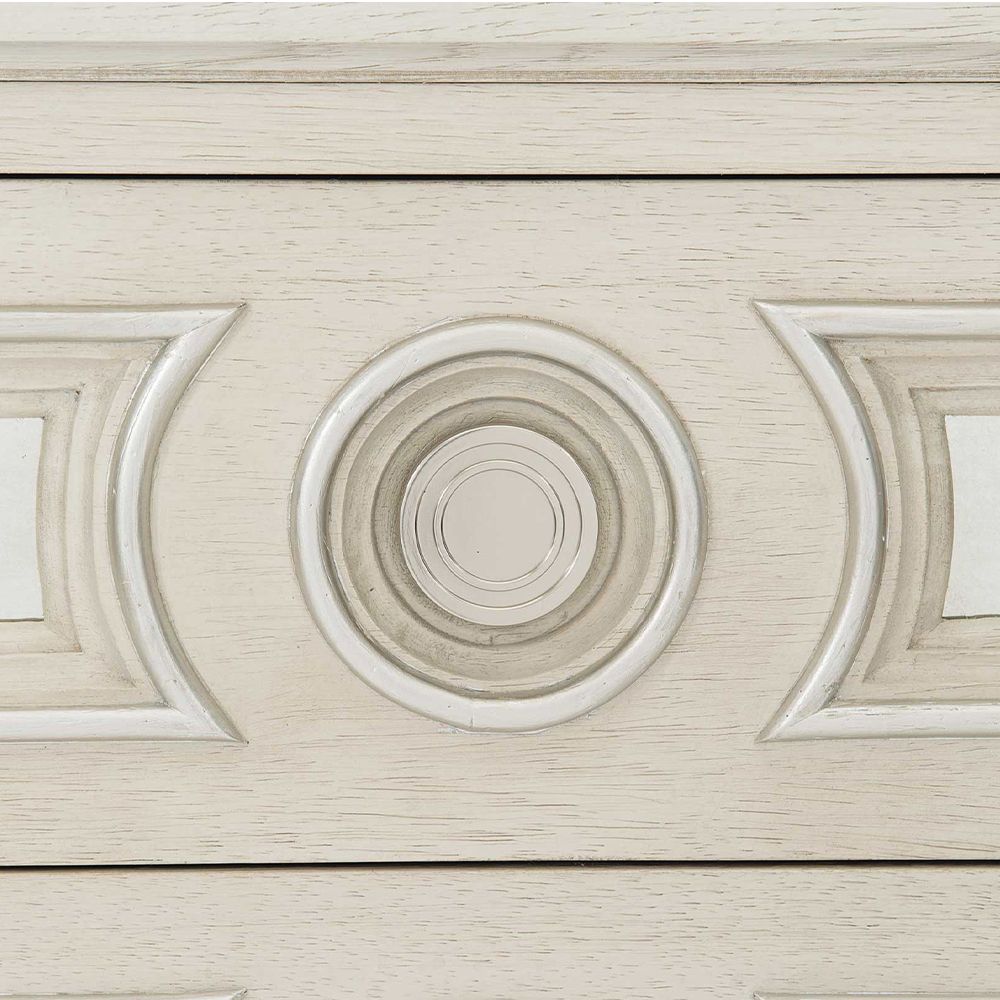 An alluring white oak veneer bedside table by Bernhardt with antique mirrored glass panels, Silver Luster highlights and a Manor White finish