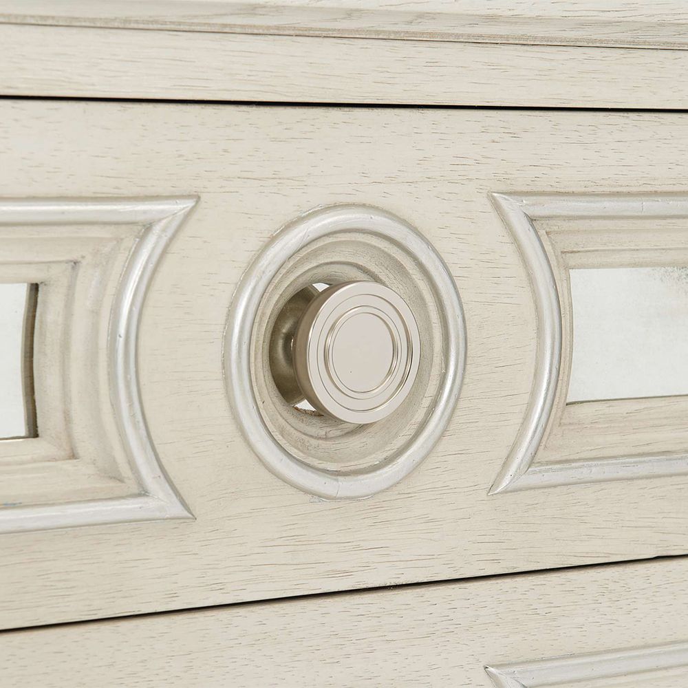 An alluring white oak veneer bedside table by Bernhardt with antique mirrored glass panels, Silver Luster highlights and a Manor White finish