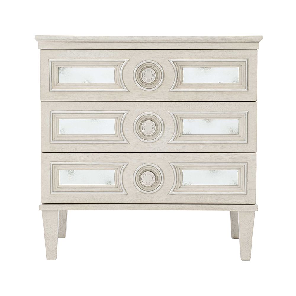 An alluring white oak veneer bedside table by Bernhardt with antique mirrored glass panels, Silver Luster highlights and a Manor White finish
