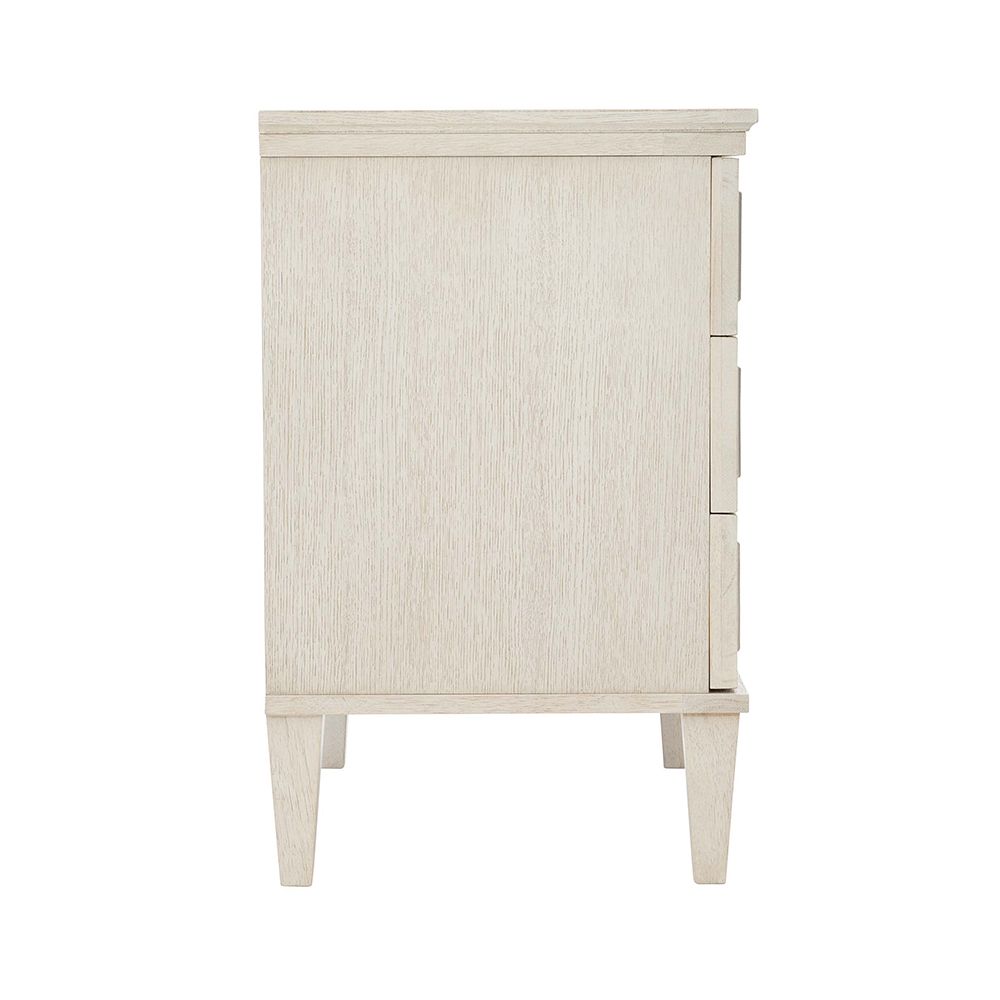 An alluring white oak veneer bedside table by Bernhardt with antique mirrored glass panels, Silver Luster highlights and a Manor White finish