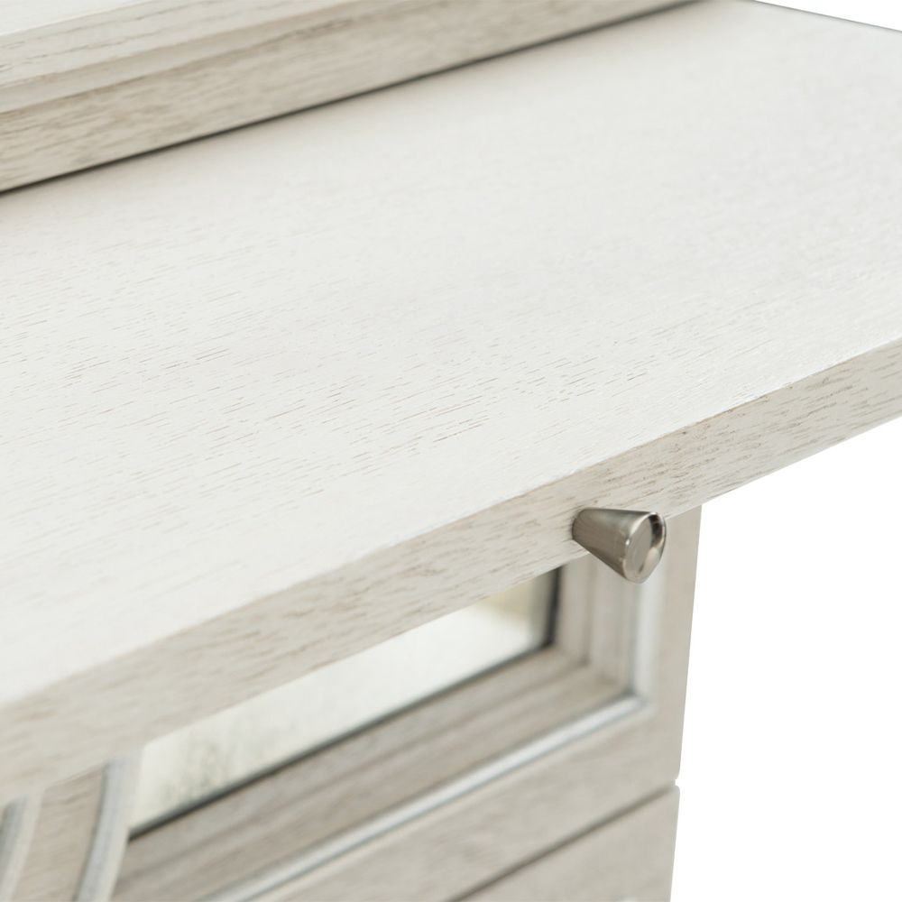 An elegant white oak veneer bedside table with two antiqued mirrored glass panel drawers, Silver Luster highlights and a Manor White finish