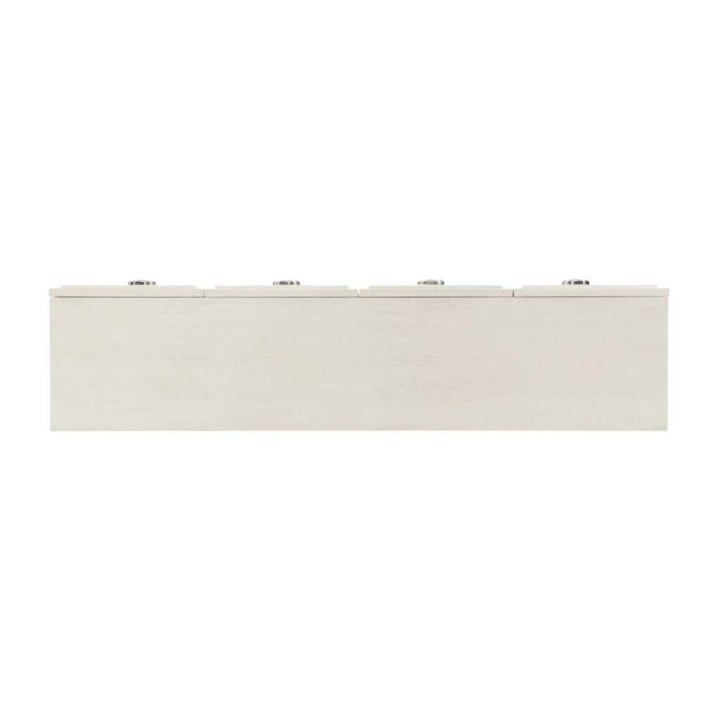 A chic natural wood tv and entertainment unit with 4 doors and metal fixtures