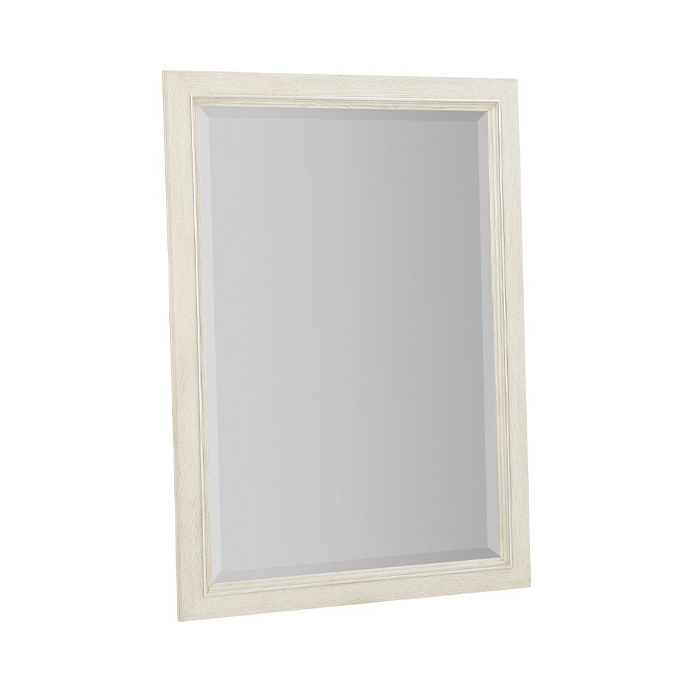 A contemporary rectangular mirror featuring a natural wood frame with a bevelled edge and a white finish