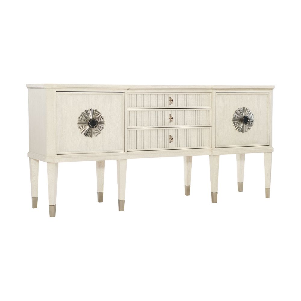 An exquisite sideboard with an elegant white finish, stunning silver highlights and floral inspired features