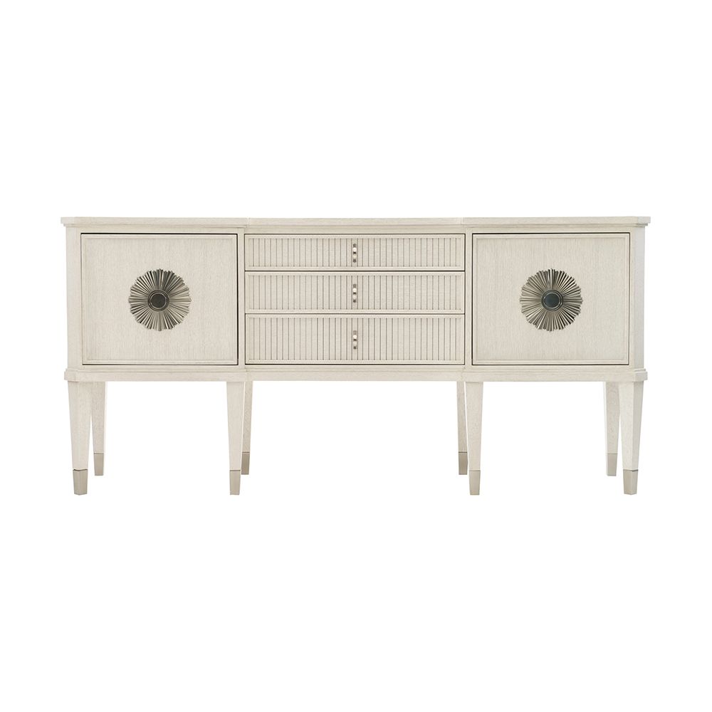 An exquisite sideboard with an elegant white finish, stunning silver highlights and floral inspired features