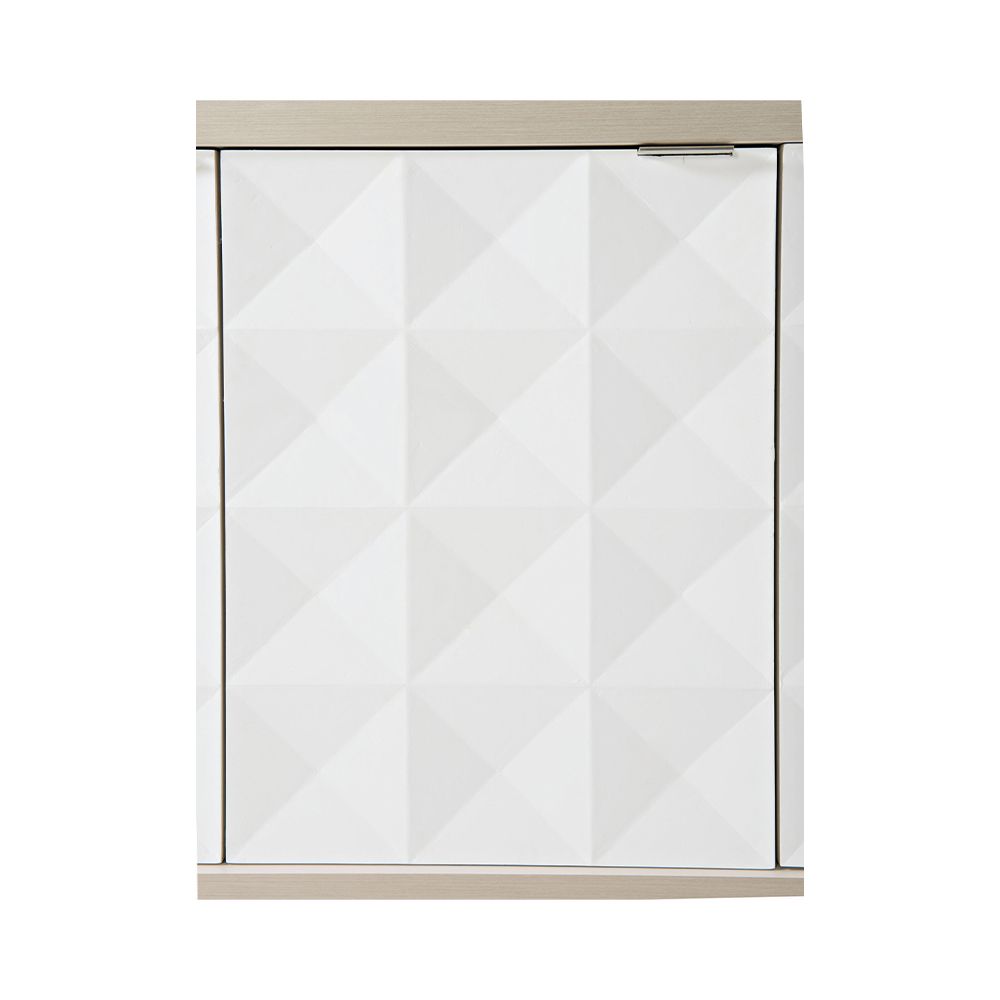 A sophisticated four door geometric patterned buffet with internal shelves and drawers