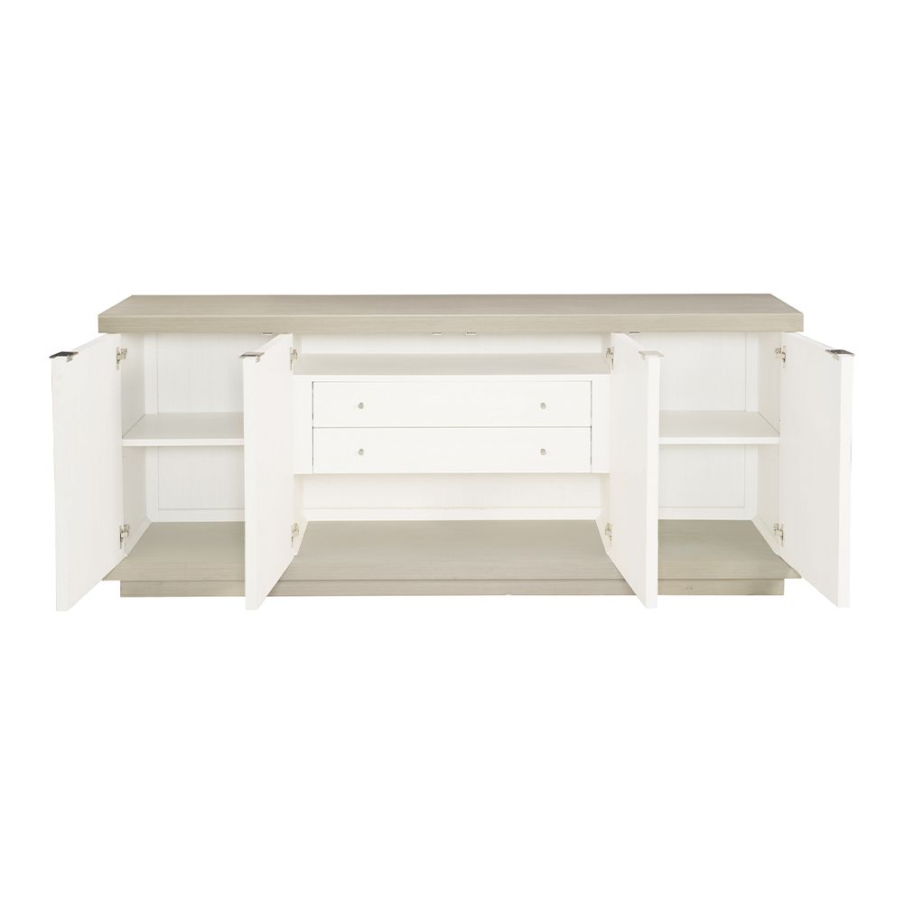 A sophisticated four door geometric patterned buffet with internal shelves and drawers