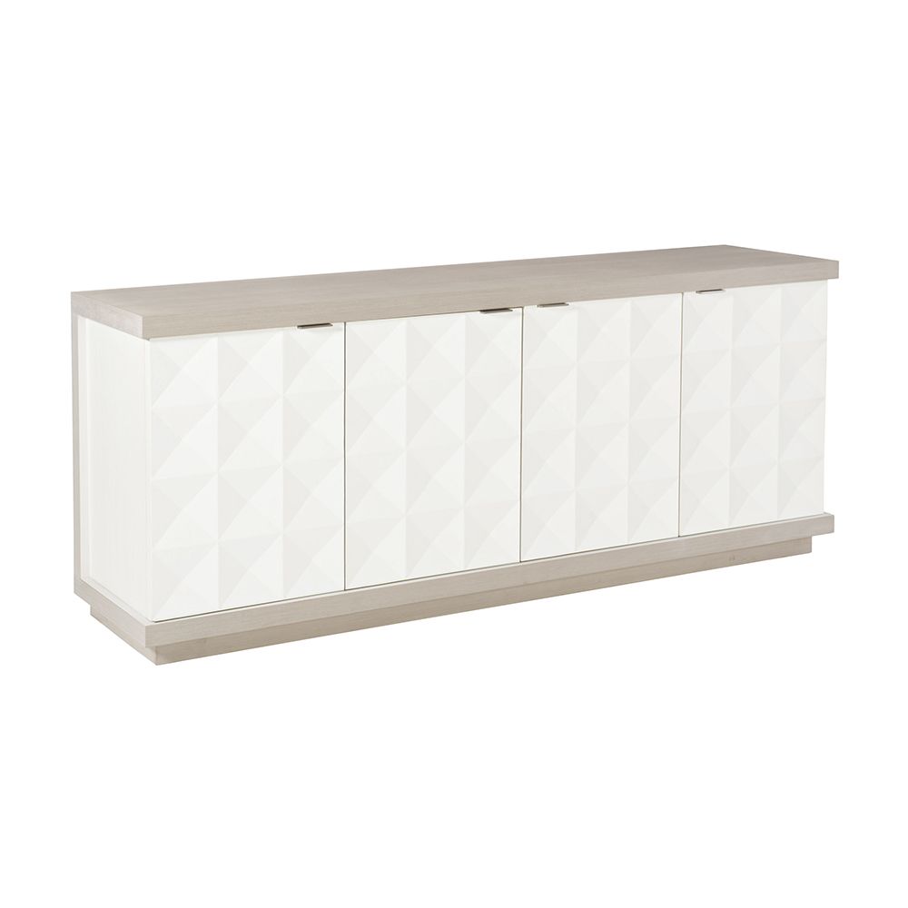 A sophisticated four door geometric patterned buffet with internal shelves and drawers
