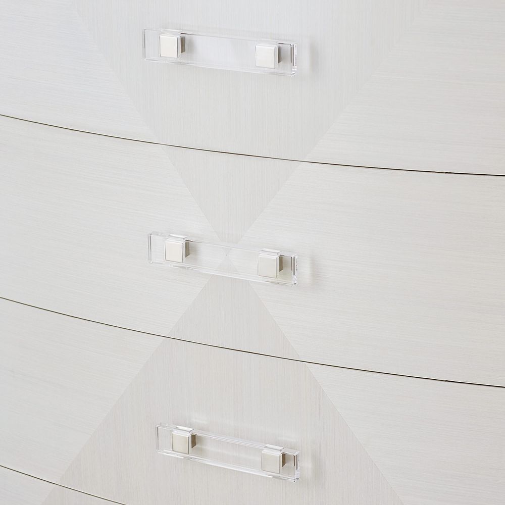 A gorgeous chest from Bernhardt featuring a geometric white and grey finish and five spacious drawers