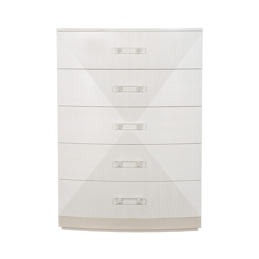 A gorgeous chest from Bernhardt featuring a geometric white and grey finish and five spacious drawers