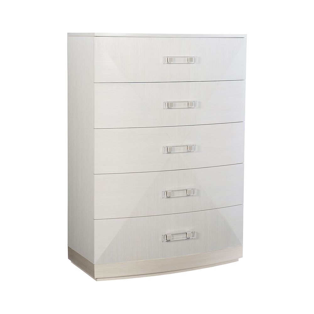 A gorgeous chest from Bernhardt featuring a geometric white and grey finish and five spacious drawers