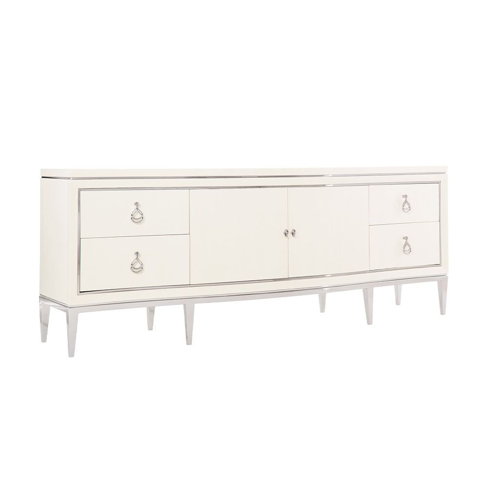 A contemporary entertainment unit with polished stainless steel accents, four drawers, two doors and internal shelving