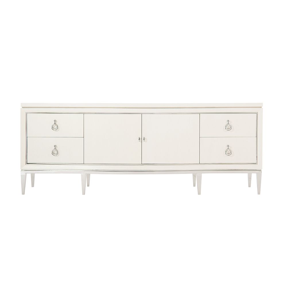 A contemporary entertainment unit with polished stainless steel accents, four drawers, two doors and internal shelving