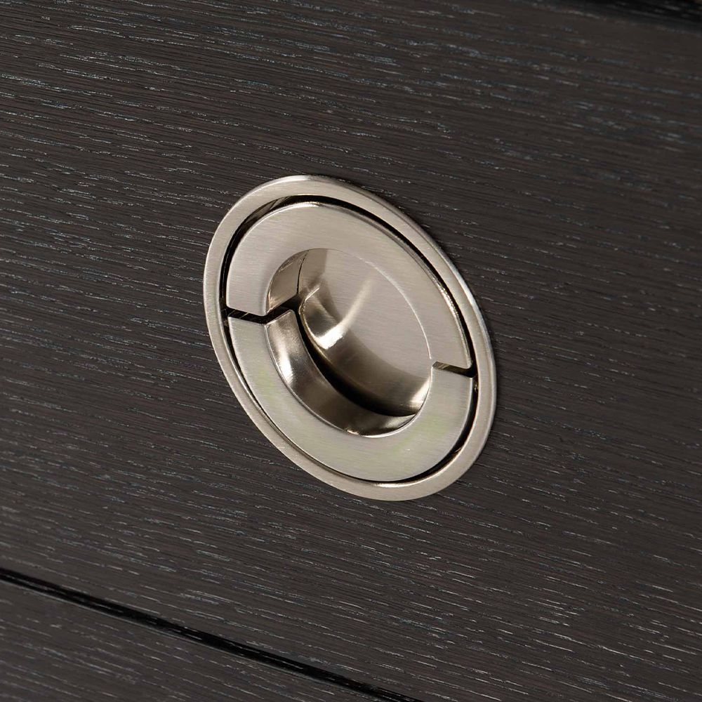 A stunning dark brown wooden dresser with six drawers and stylish stainless steel accents