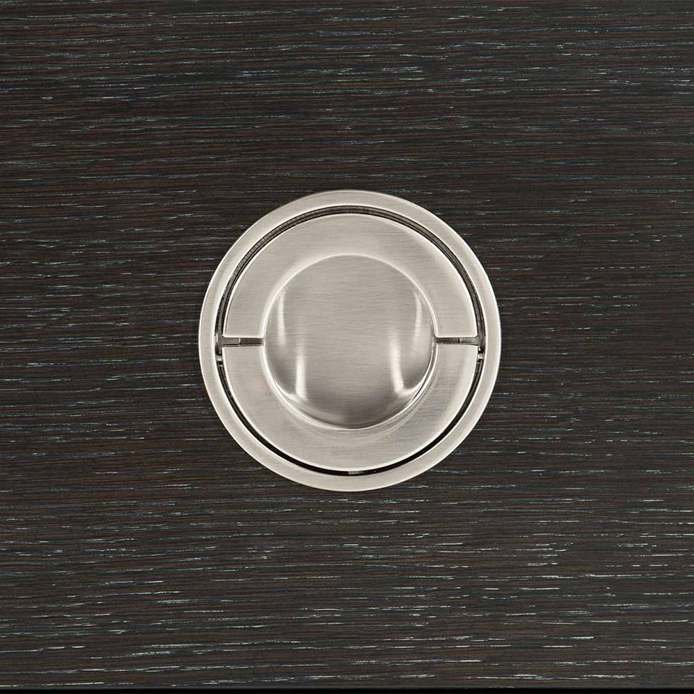 A stunning dark brown wooden dresser with six drawers and stylish stainless steel accents