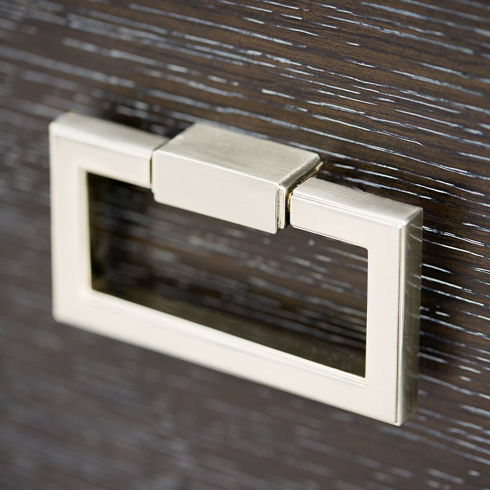 A stylish eight drawer dresser from Bernhardt with a dark brown finish and stainless steel frame