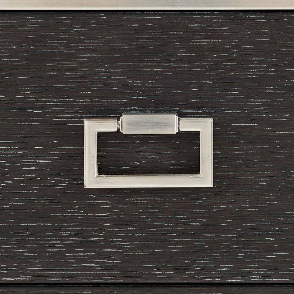 A stylish eight drawer dresser from Bernhardt with a dark brown finish and stainless steel frame