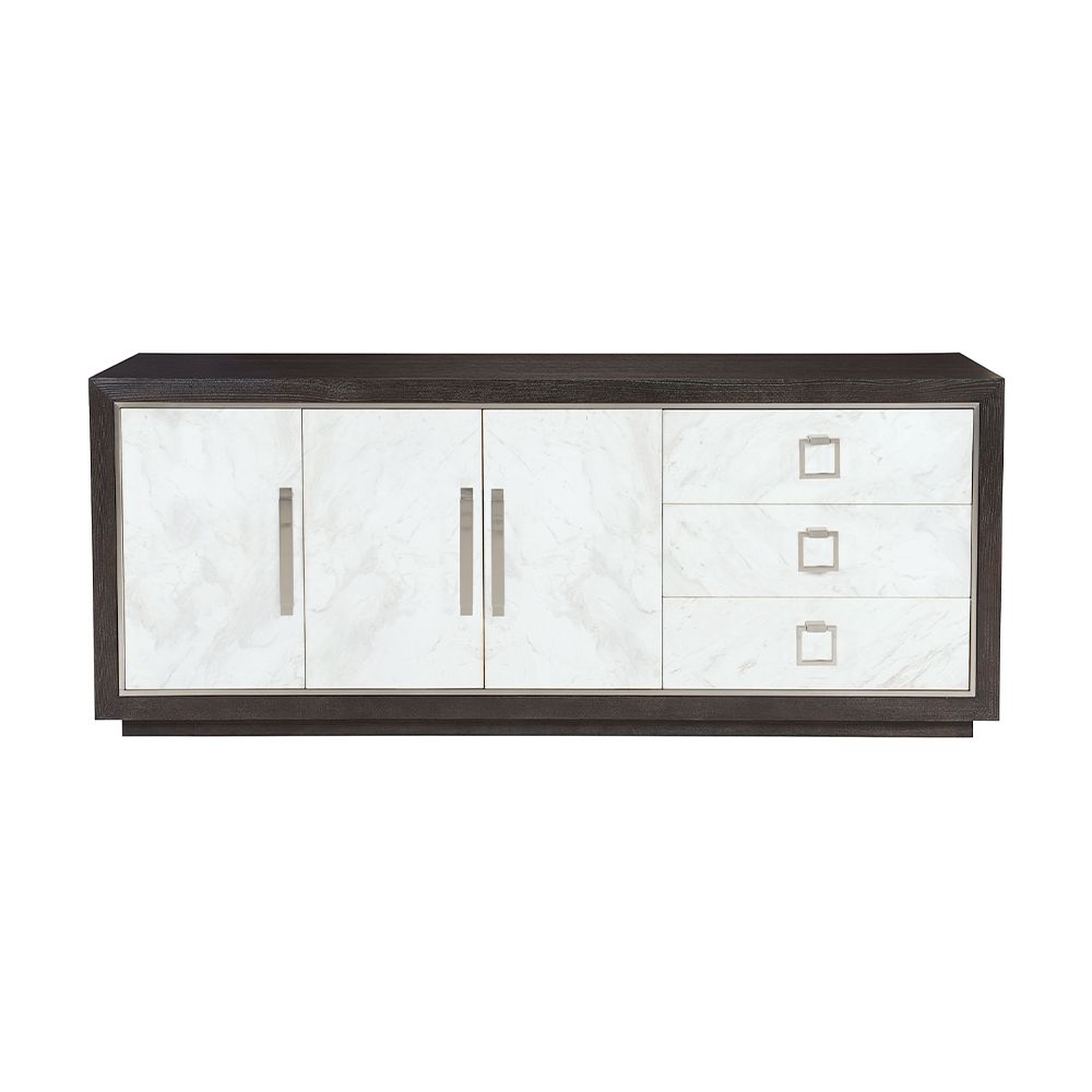 A luxurious buffet featuring a dark brown finish, stainless steel frame and laminated marble front