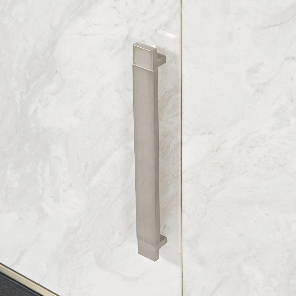 A luxurious buffet featuring a dark brown finish, stainless steel frame and laminated marble front