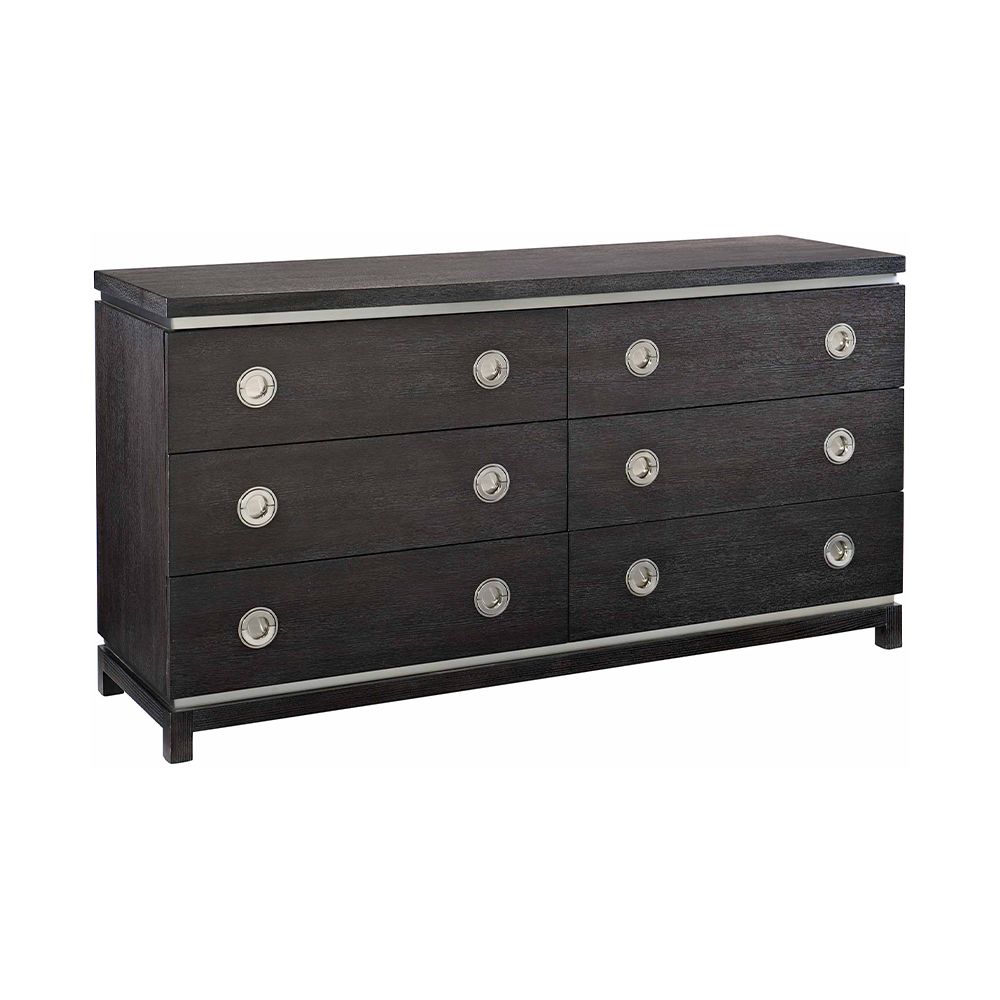 A stunning dark brown wooden dresser with six drawers and stylish stainless steel accents