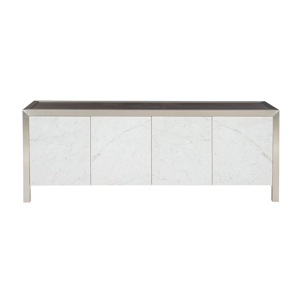 A sophisticated entertainment unit with four marble front doors, a dark brown top, silver frame and internal storage