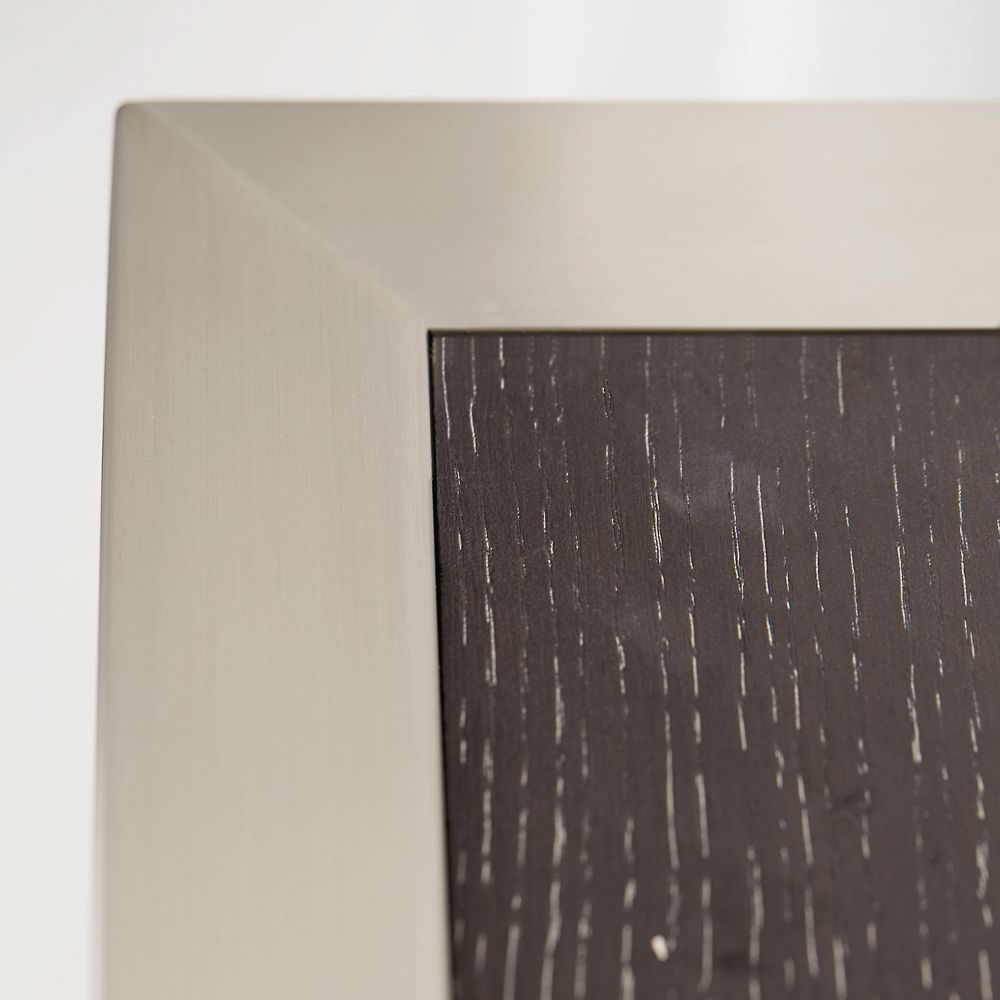 A sophisticated entertainment unit with four marble front doors, a dark brown top, silver frame and internal storage