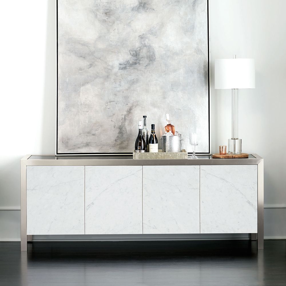 A sophisticated entertainment unit with four marble front doors, a dark brown top, silver frame and internal storage