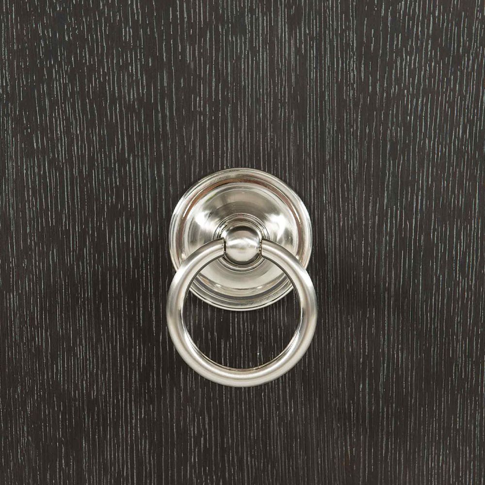 An elegant three door sideboard with a dark brown wooden finish and stylish stainless steel accents