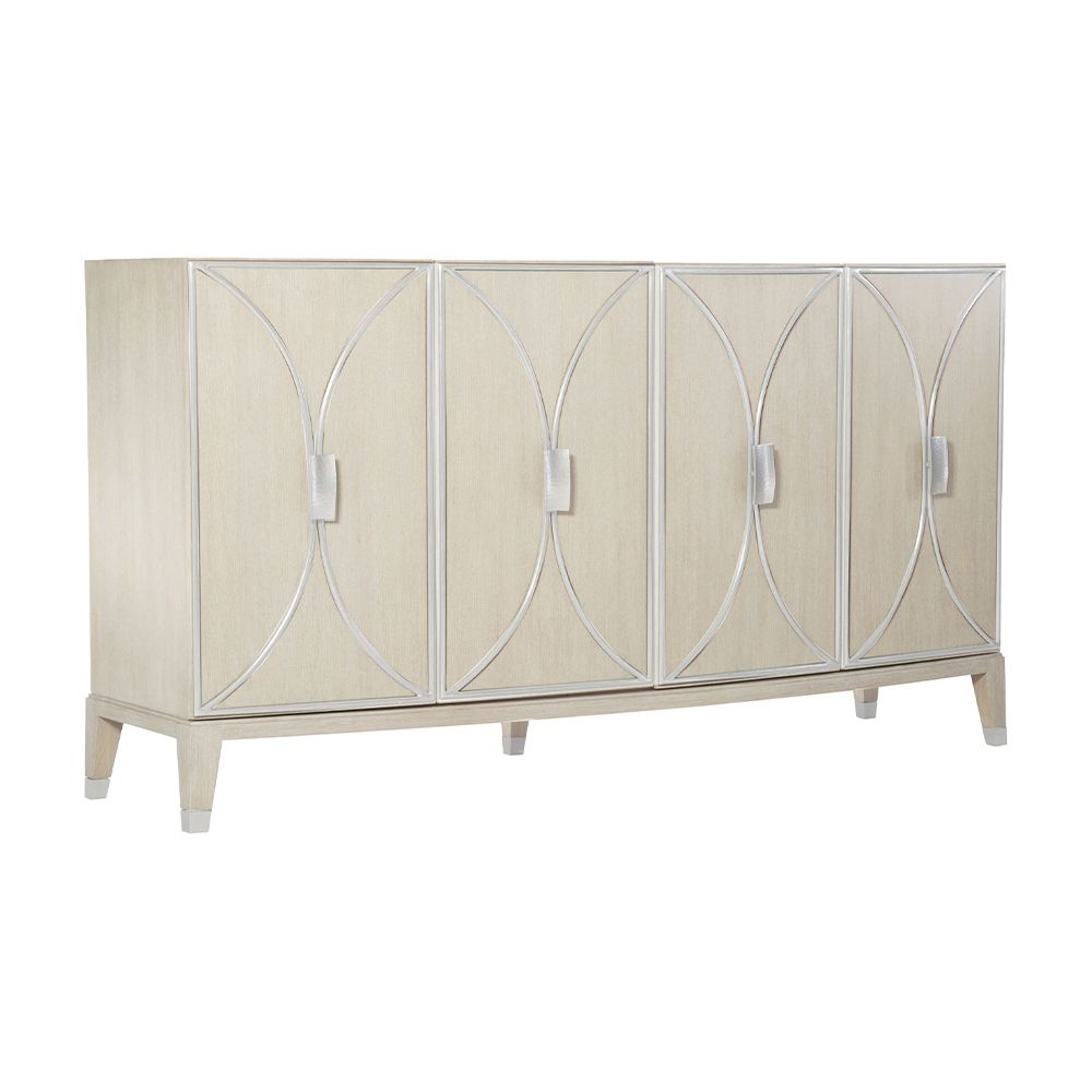 A stylish buffet with four curved silver metal framed overlaid doors and ample internal storage 
