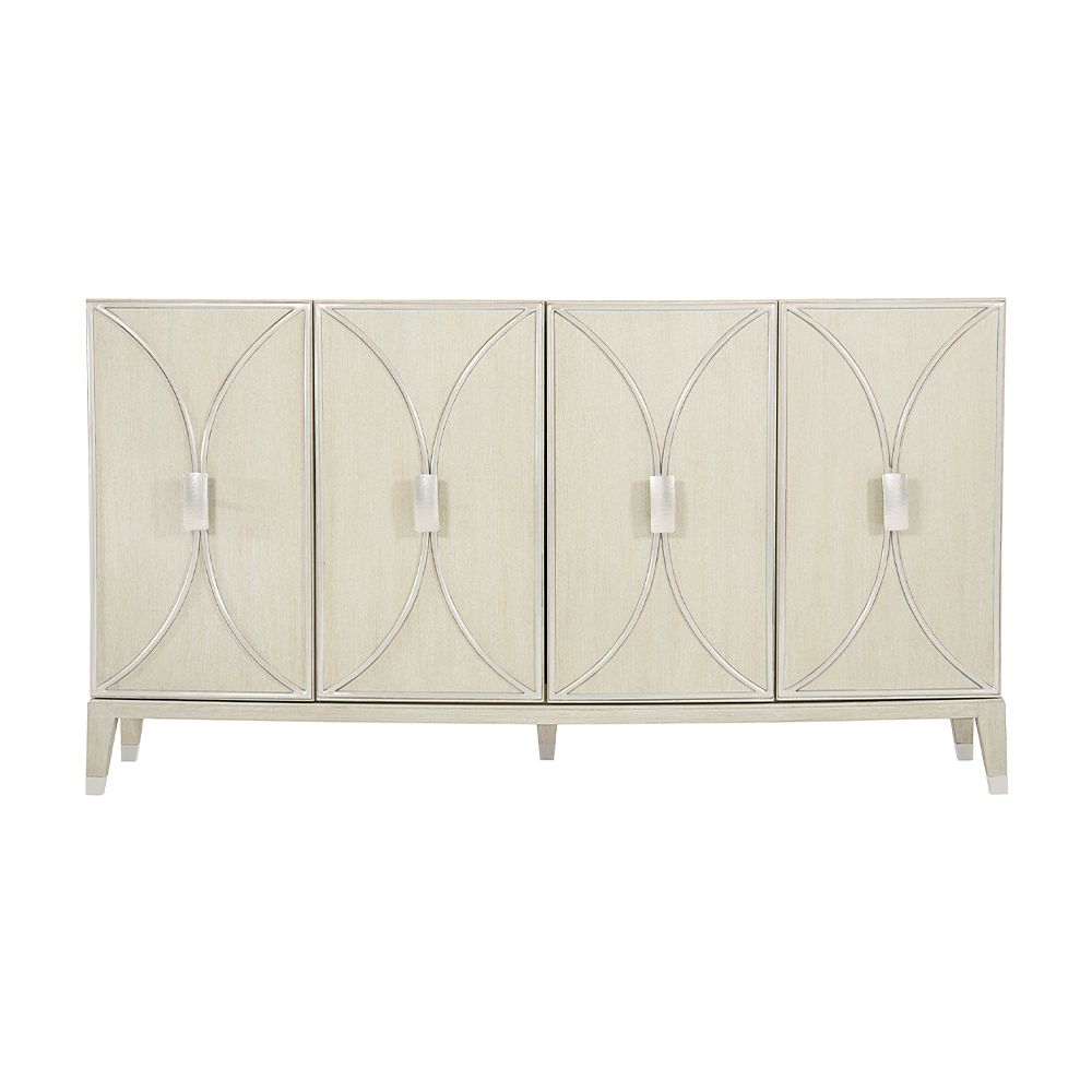 A stylish buffet with four curved silver metal framed overlaid doors and ample internal storage 
