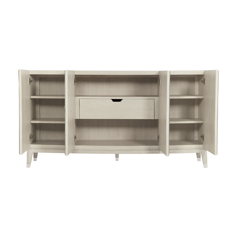 A stylish buffet with four curved silver metal framed overlaid doors and ample internal storage 